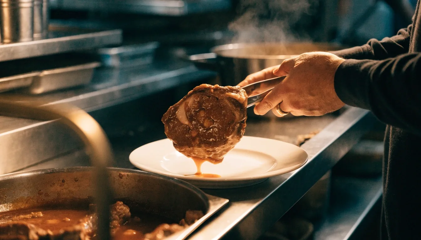 Hands writing on a paper ticket at a restaurant service pass under warm kitchen light
