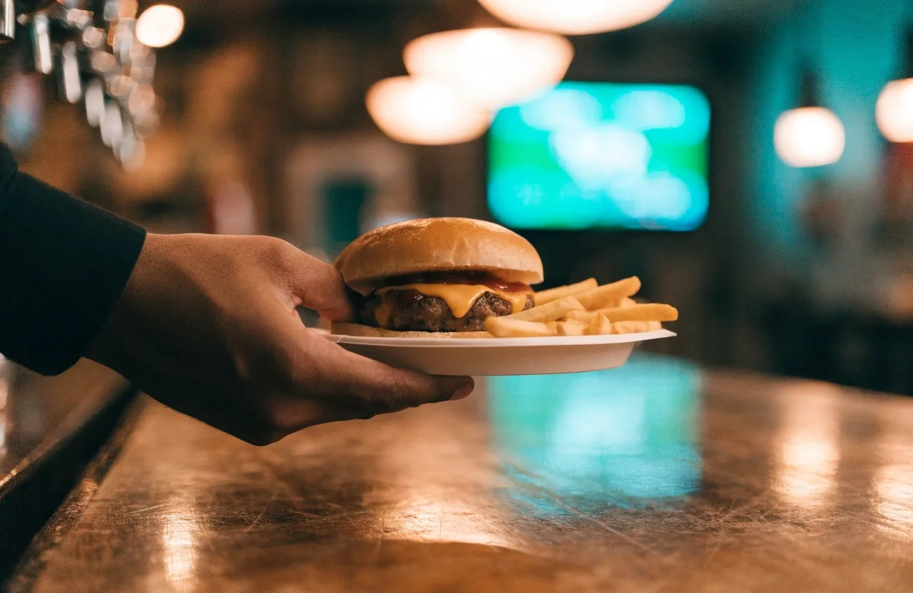 A burger and fries on a tool-marked tray under warm bar light