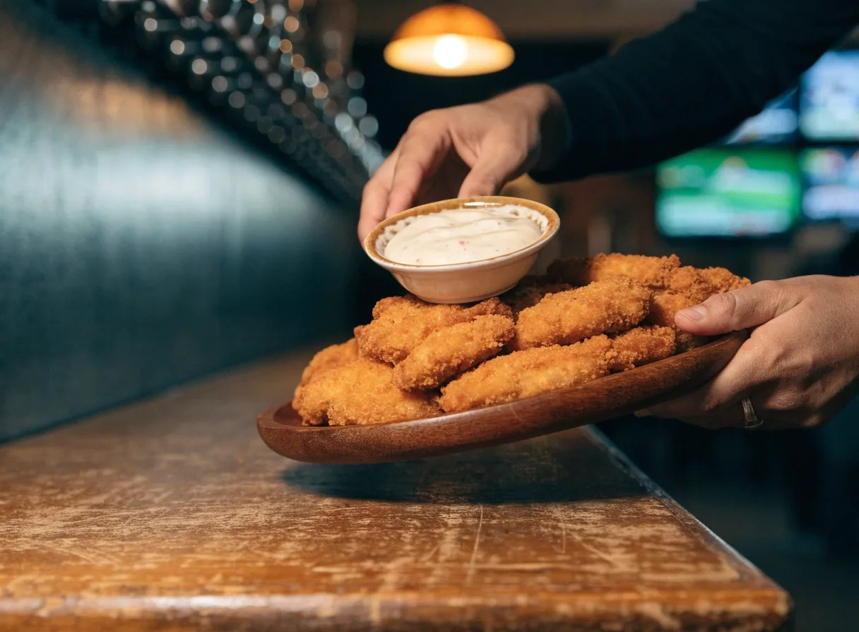A shareable platter of hand-breaded boneless chicken on a bar table