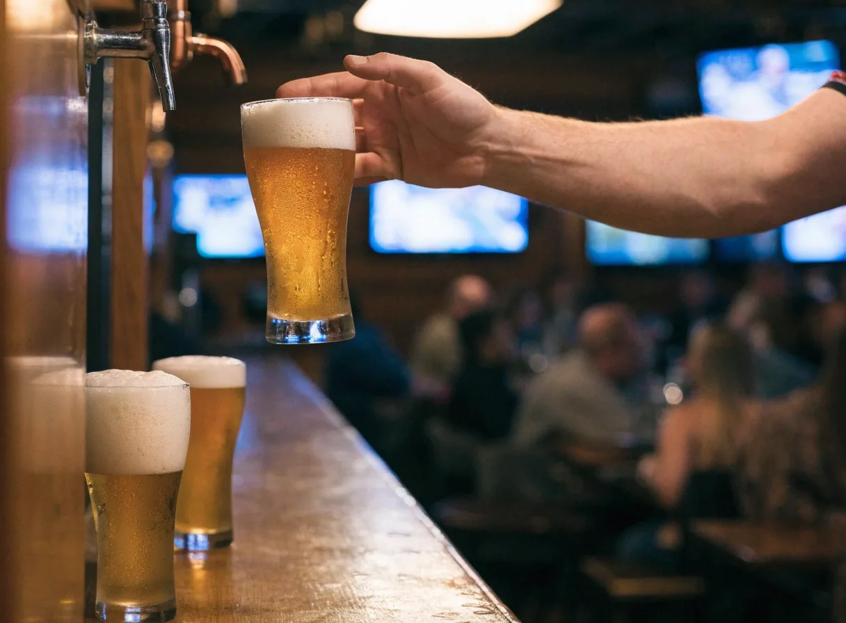 Tap handles and a partly filled pint at the bar