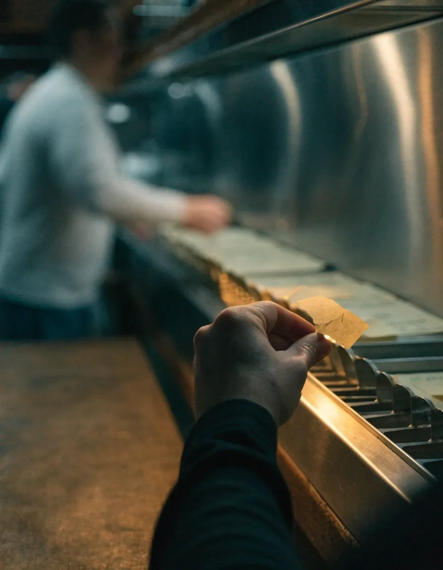 Hands writing a ticket at the pass under warm workbench light