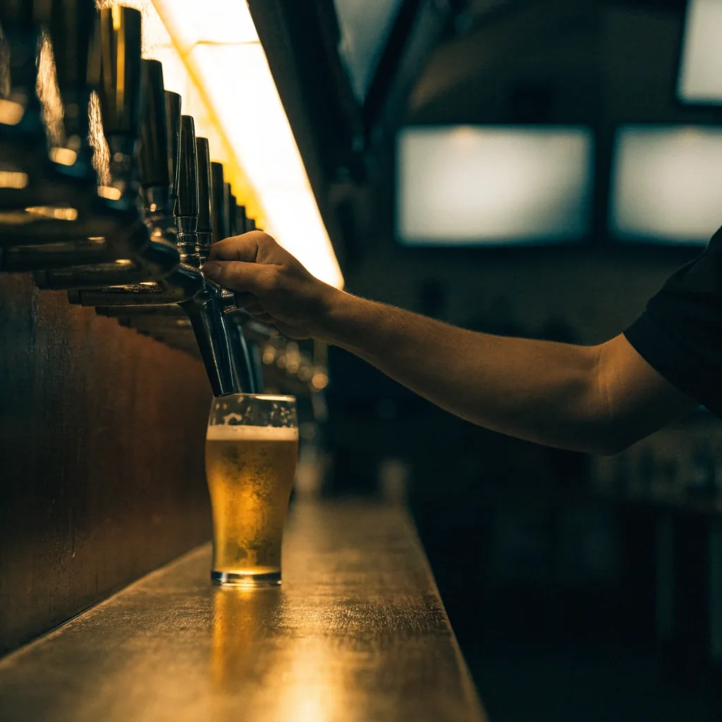 Tap wall and a settling draft under workbench light in the bar's empty back room