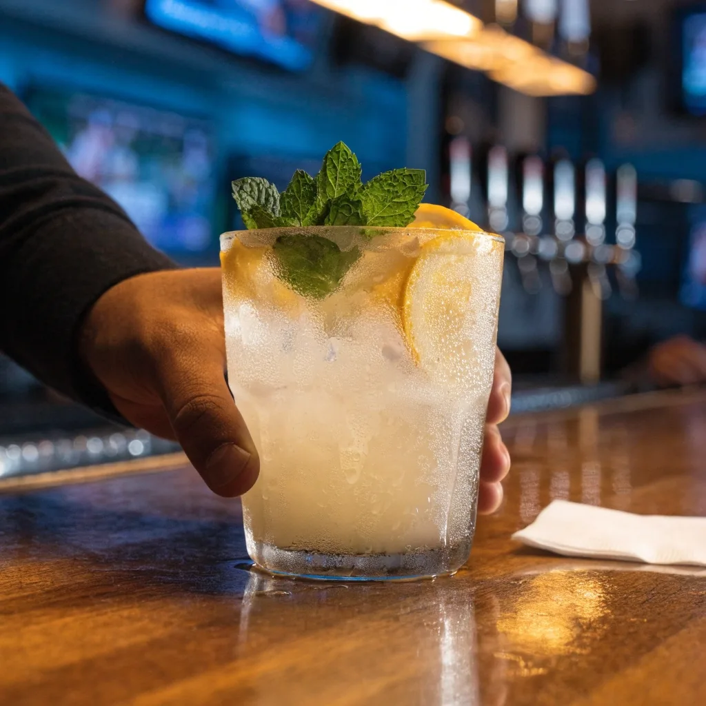 A bubbling mocktail over ice on a wooden bar top beside a folded napkin