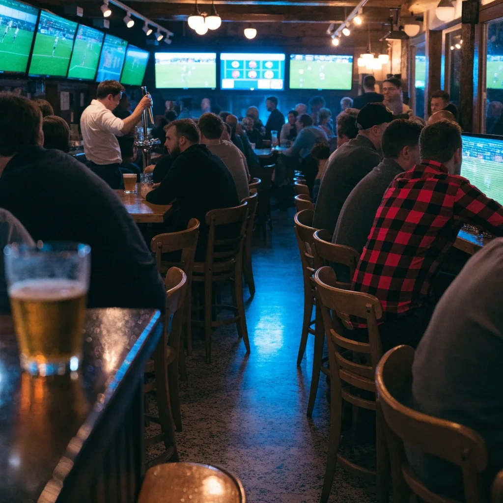 Bar stools angled toward a wall of glowing televisions during a football afternoon at an ale house