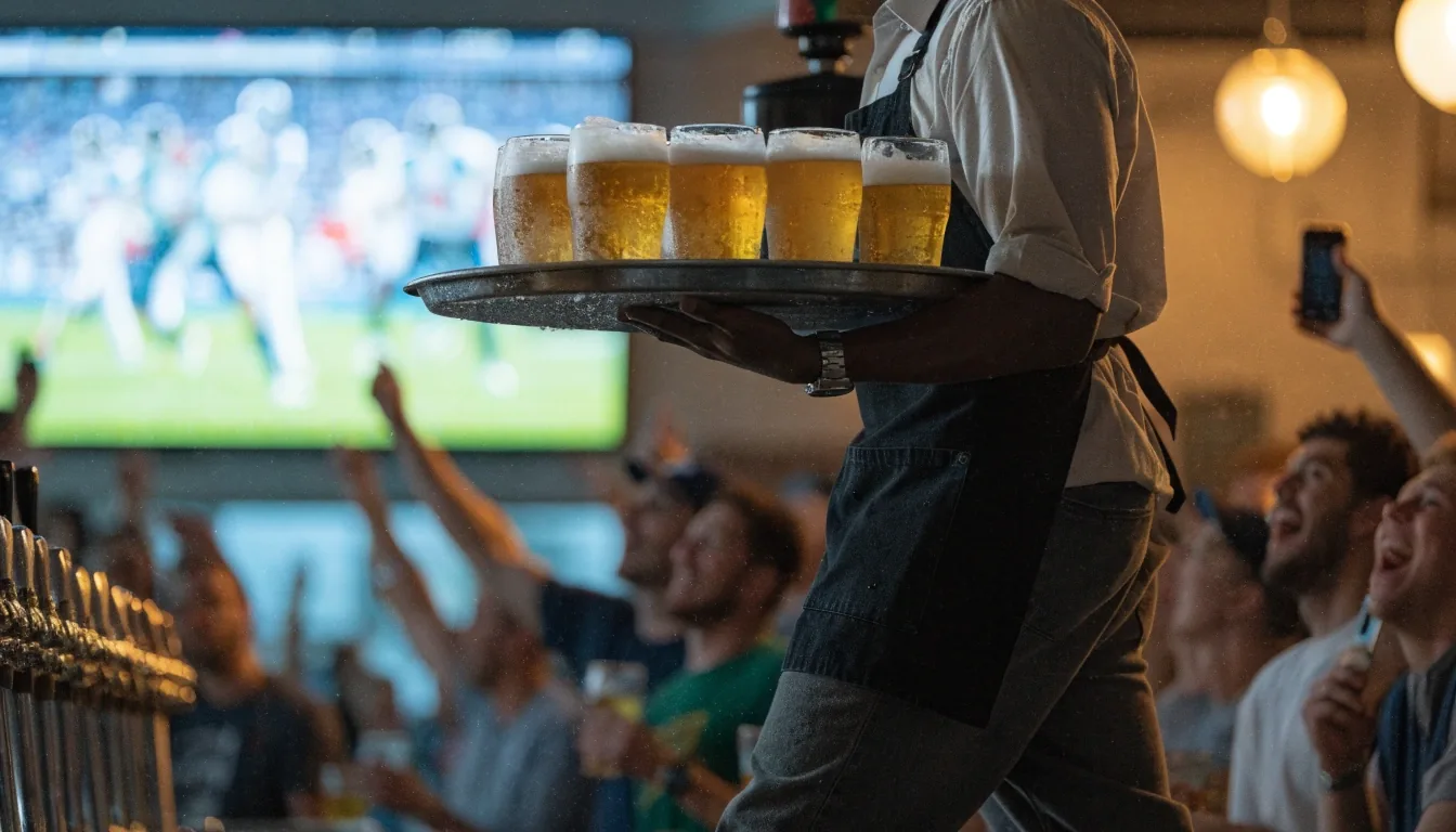 Draft beer poured into a tall glass at a busy bar during a game-day rush