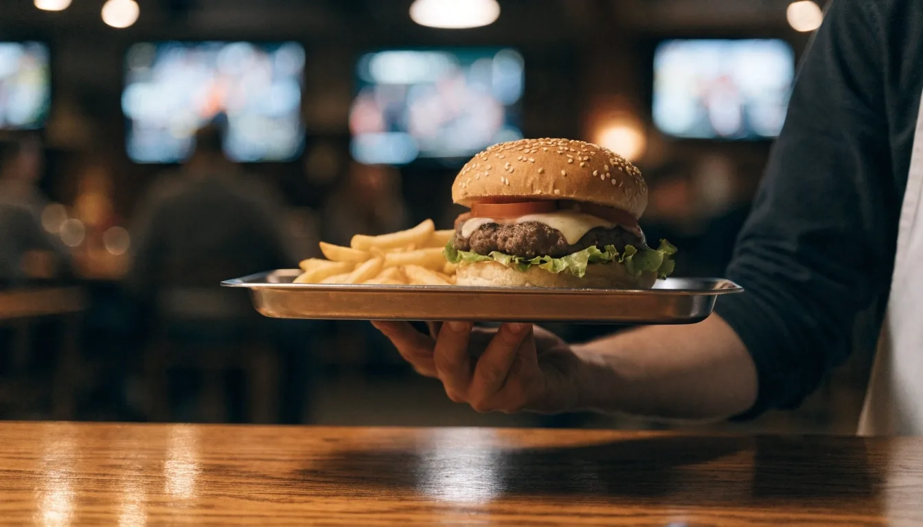 A burger and a basket of hand-cut fries on a tool-marked metal tray under warm side light