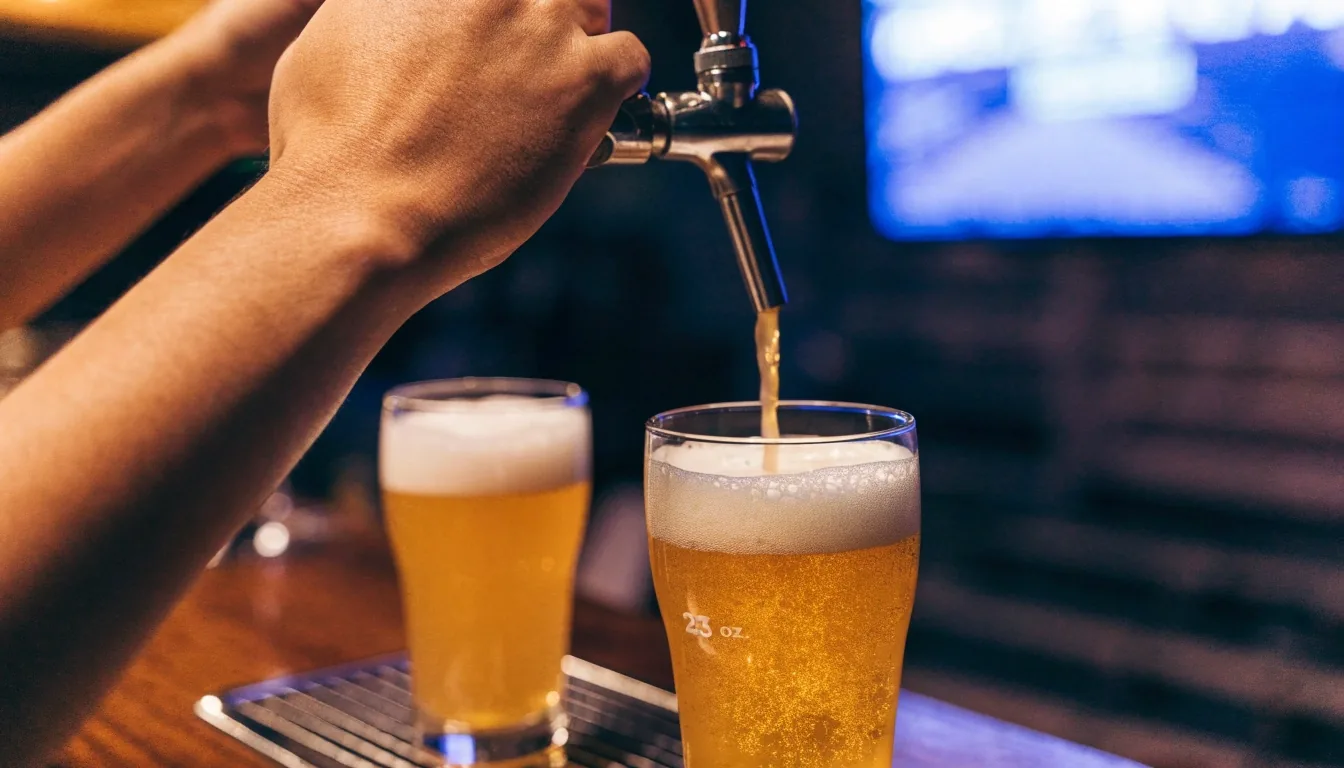 A row of draft beer glasses at different stages of pour under mixed light