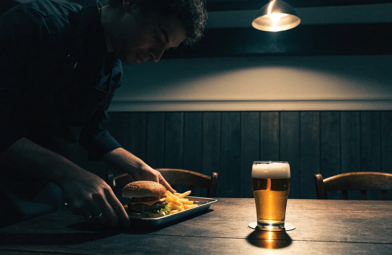 Burger and fries on a metal tray with a pint glass at a quiet weeknight bar table
