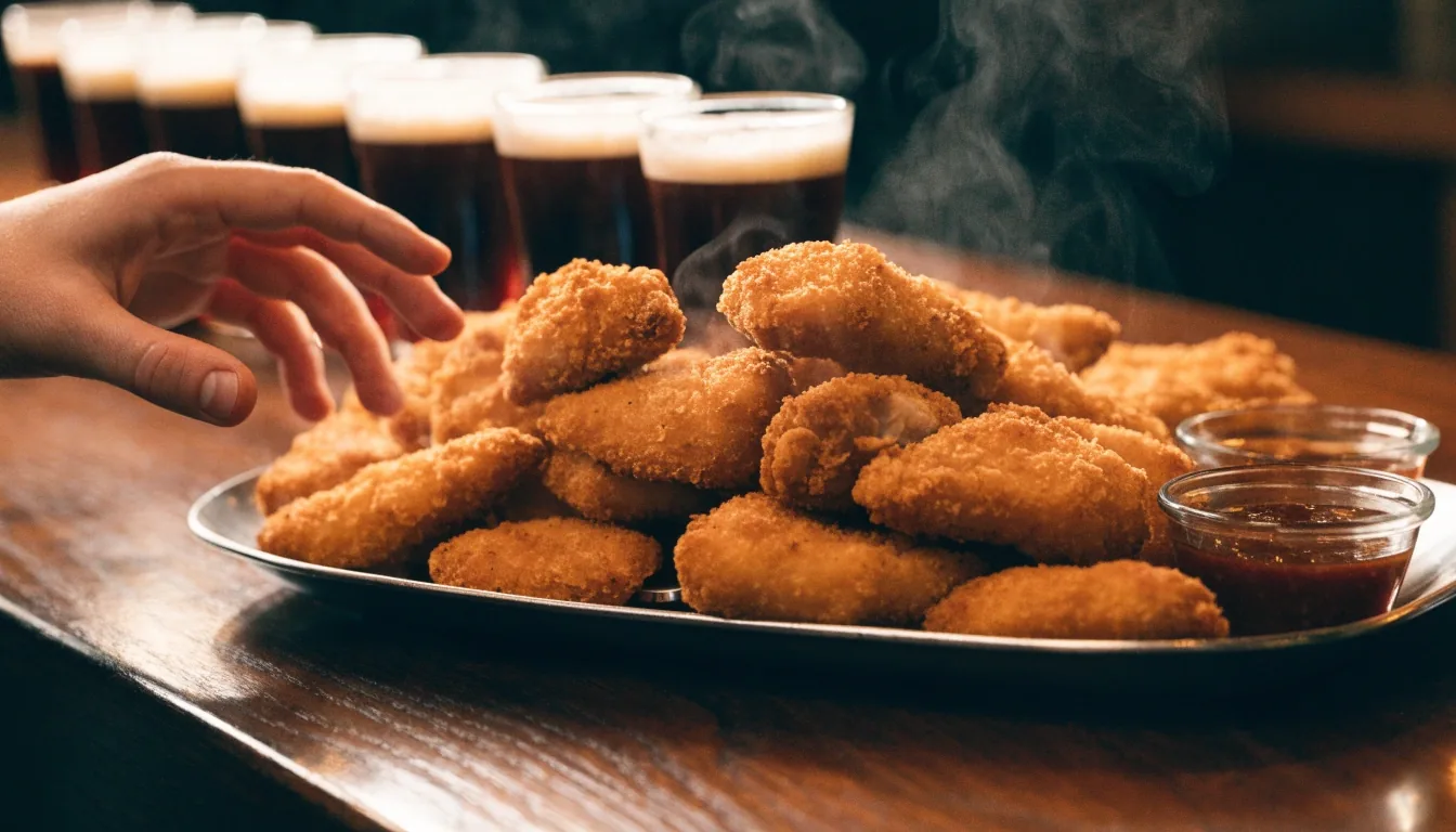 Shareable platter of crispy boneless chicken with dipping sauces on a dark wood bar counter