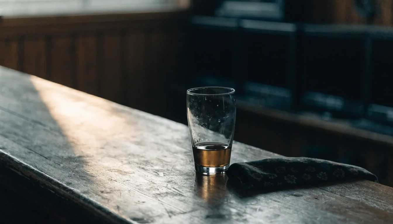 Empty neighborhood ale house bar at closing hour with daylight across the wooden bar top