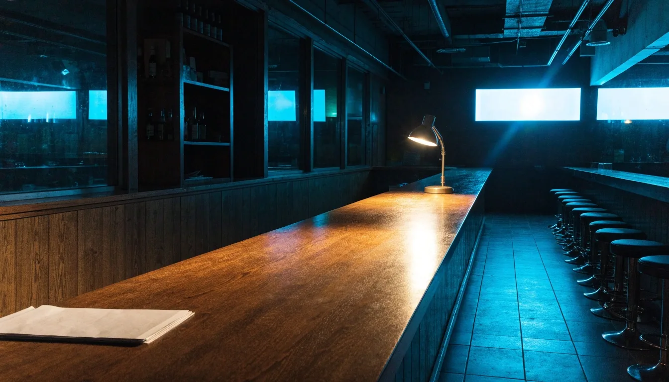 Empty ale house bar at closing hour with a paper ledger resting on the far end of the bar top