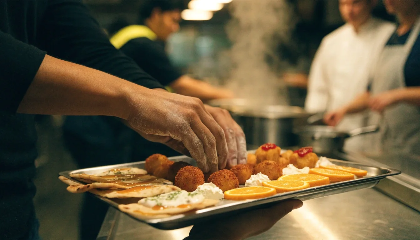 Fryer basket lifting from hot oil in an ale house kitchen with steam catching the side light